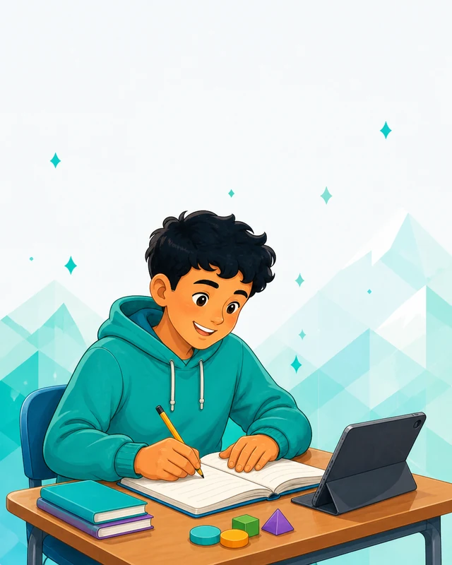 Estudiante desarrollando actividades con un cuaderno, una tableta y materiales educativos.