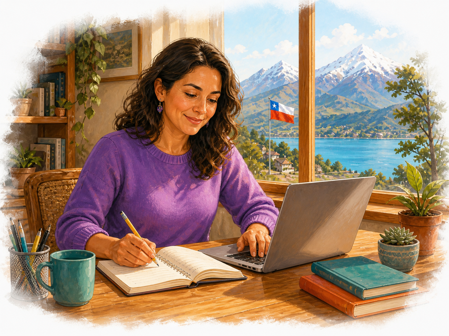 Persona adulta estudiando con un computador y un cuaderno.