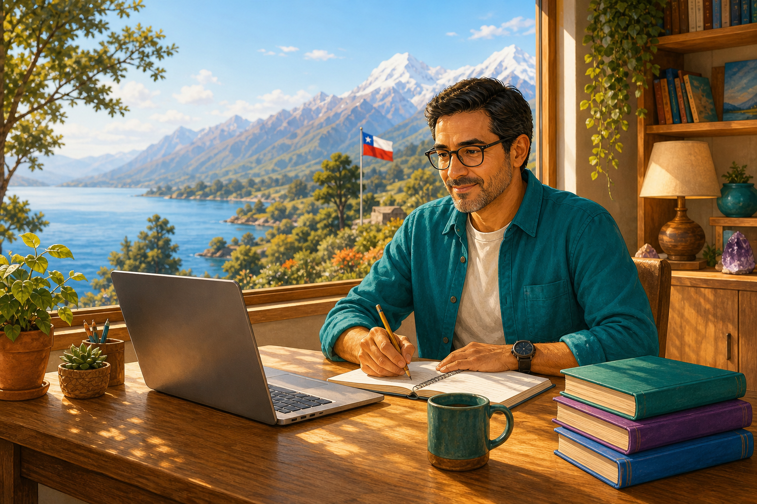 Persona adulta estudiando frente a un computador, con un paisaje chileno al fondo.