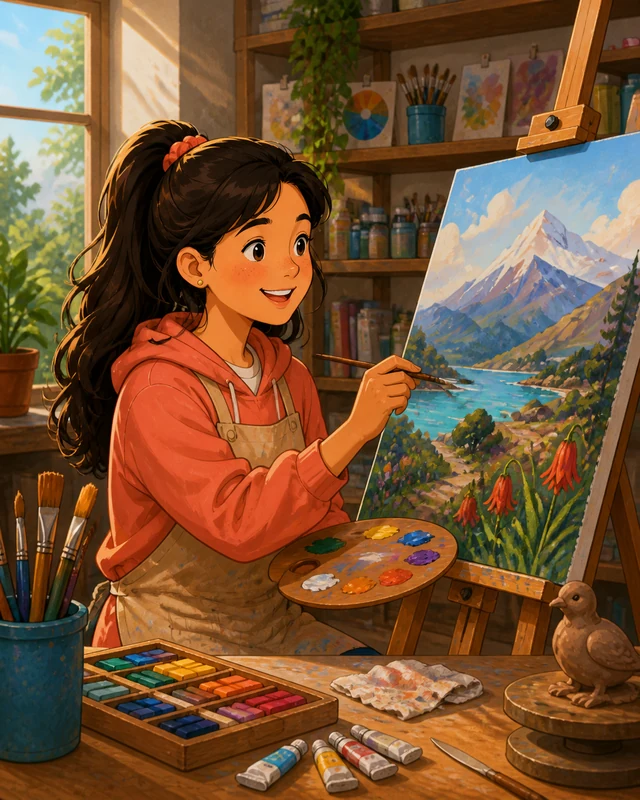 Estudiante pintando un paisaje chileno en un taller de arte.