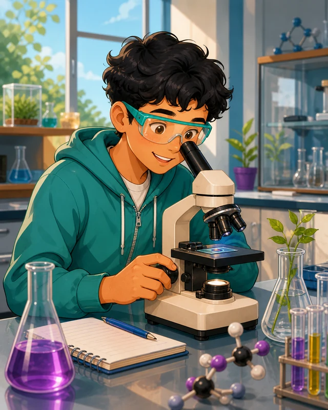 Estudiante realizando una observación científica con un microscopio.