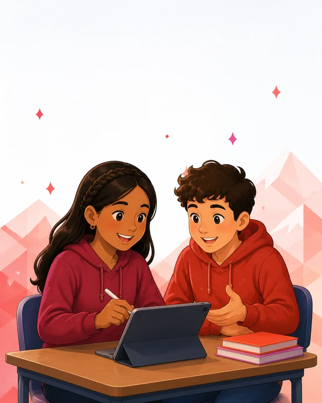 Dos estudiantes colaborando frente a una tableta en un entorno educativo.