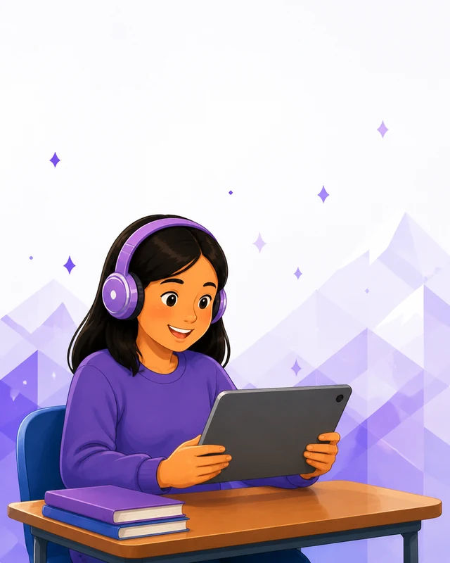 Estudiante con audífonos explorando contenidos educativos en una tableta.