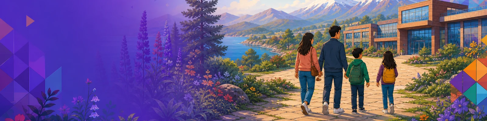 Familia caminando hacia el colegio Kaleido en un paisaje junto a la cordillera.