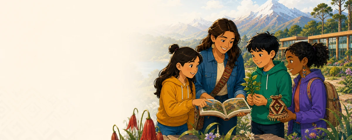 Docente y estudiantes aprendiendo sobre naturaleza y diversidad cultural chilena.