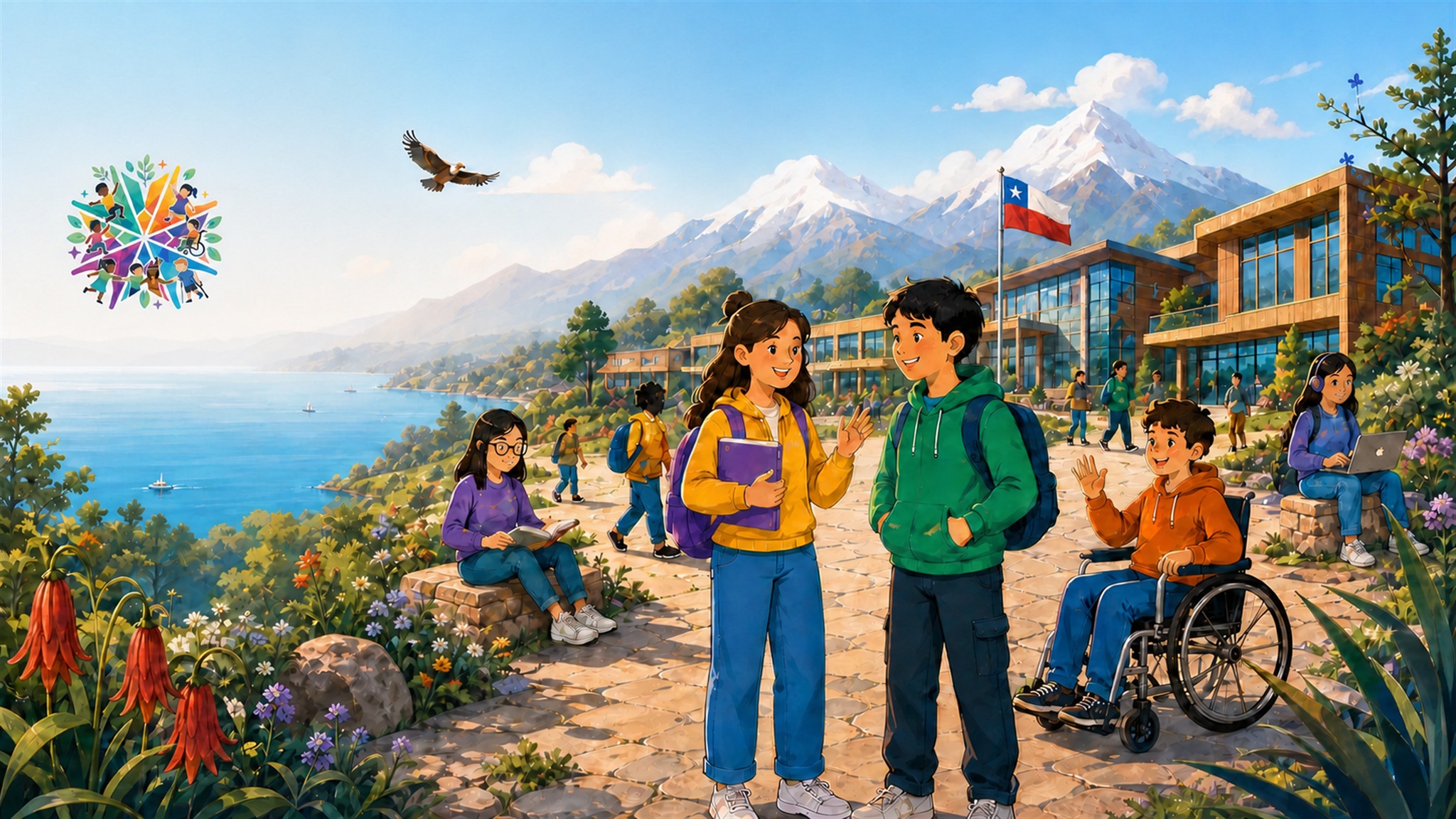 Estudiantes diversos, incluido un estudiante que usa silla de ruedas, compartiendo en un campus inclusivo frente a un lago y la cordillera de los Andes.