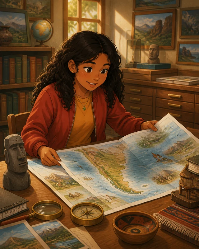Estudiante investigando historia y patrimonio mediante un mapa ilustrado.