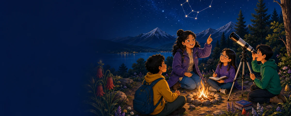 Docente y estudiantes compartiendo junto a una fogata mientras observan las estrellas.