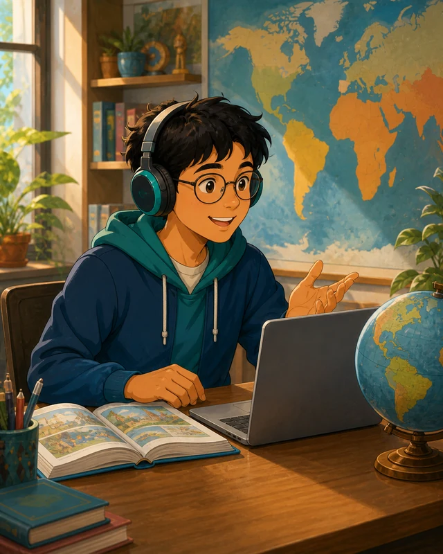 Estudiante practicando comunicación internacional con audífonos y un computador.