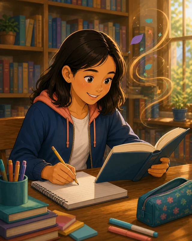 Estudiante leyendo y escribiendo en una biblioteca escolar.