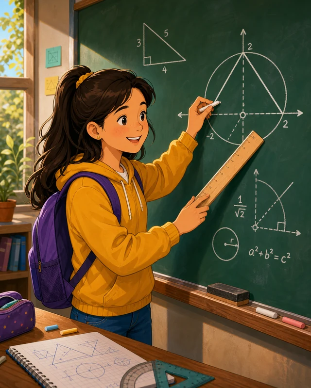 Estudiante resolviendo ejercicios de geometría en una pizarra.