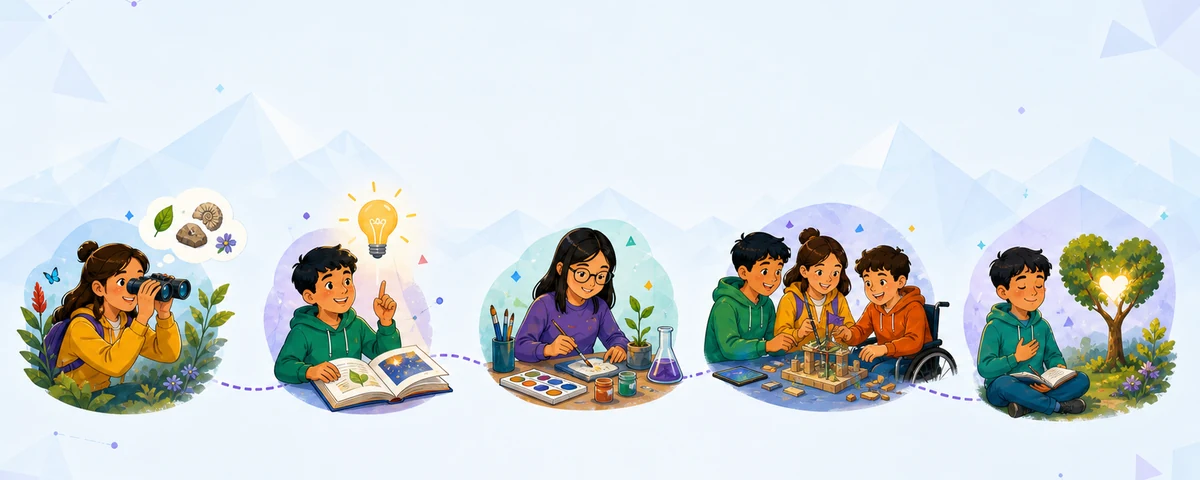 Secuencia ilustrada de exploración, comprensión, creación, colaboración y reflexión.