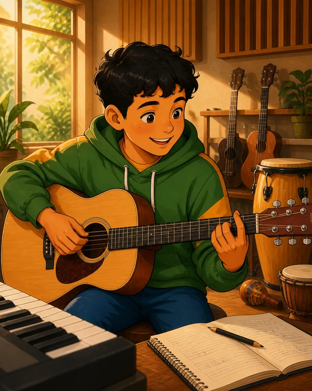 Estudiante tocando guitarra en una sala de música.