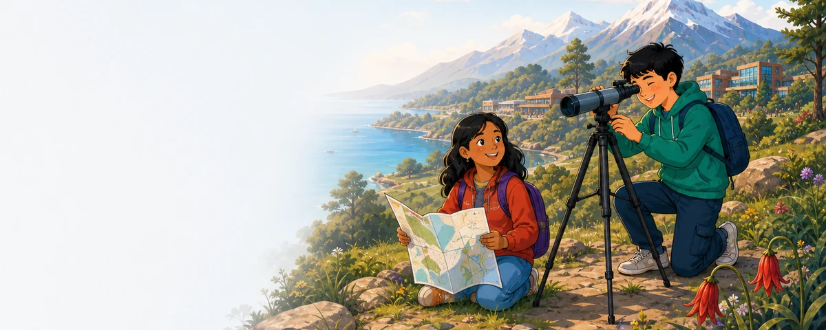 Estudiantes explorando un paisaje chileno con un mapa y un telescopio.