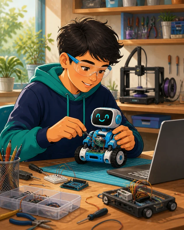 Estudiante construyendo un robot educativo en un laboratorio tecnológico.